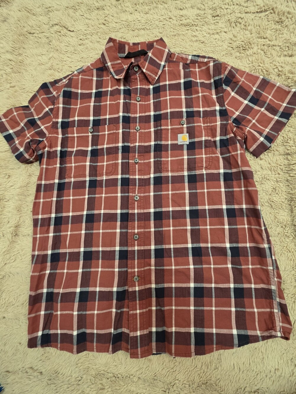 Carhartt Men's Redplaid Short Sleeve Button Up Shirt, Size Large